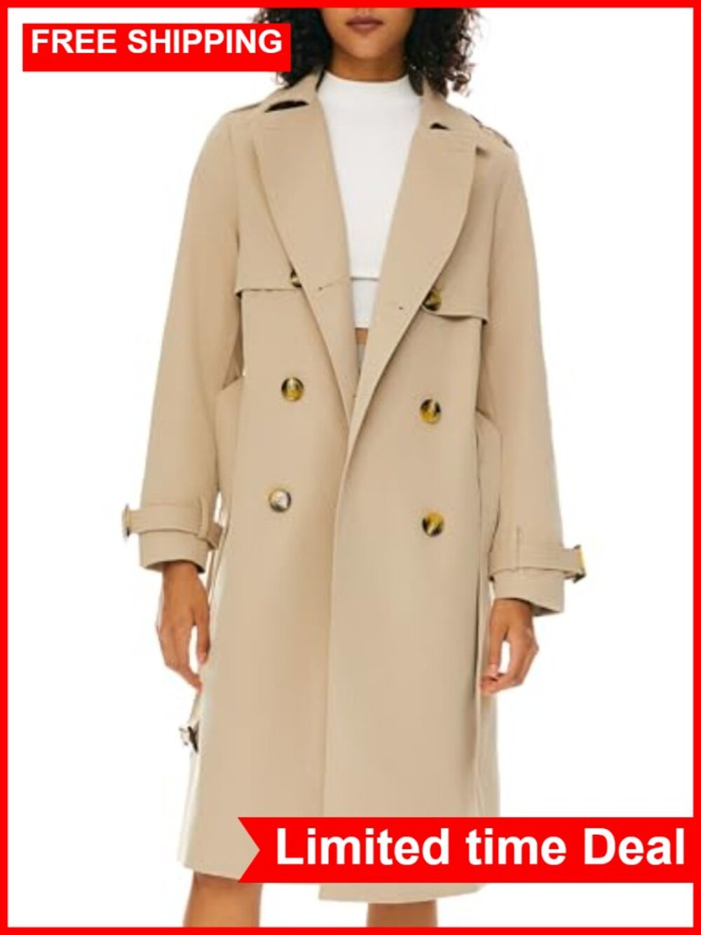 Women's 3/4 Sleeve Double Breasted Trench Coat Belted Lightweight Polyester